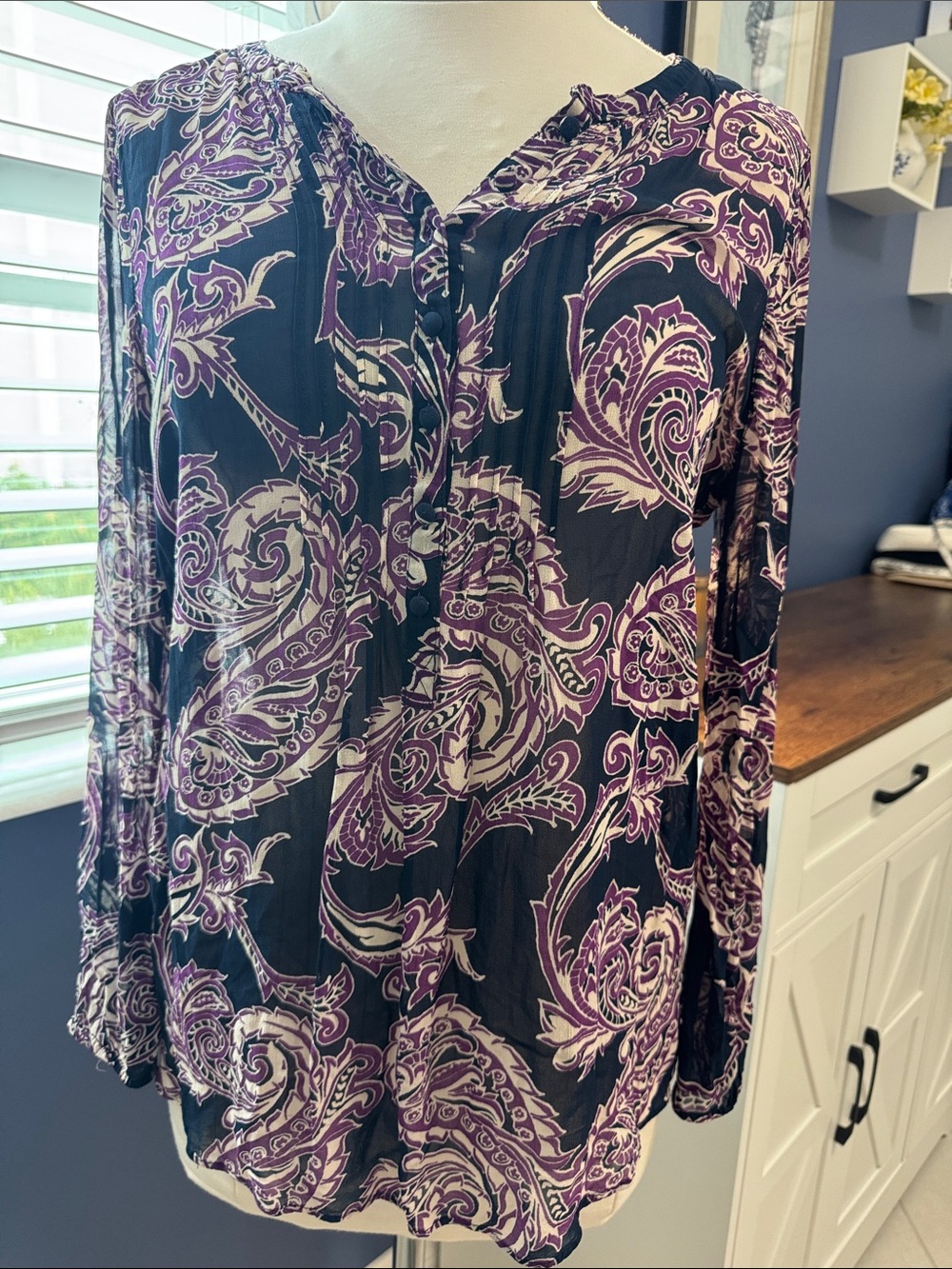 Lucky Brand- Women’s Paisley Print Long-Sleeve Blouse — Purple/Black